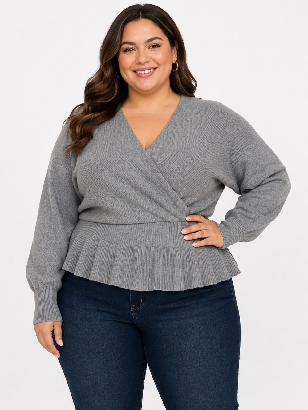 Fashion Nova Curve Gray Wrap-Style Peplum Sweater